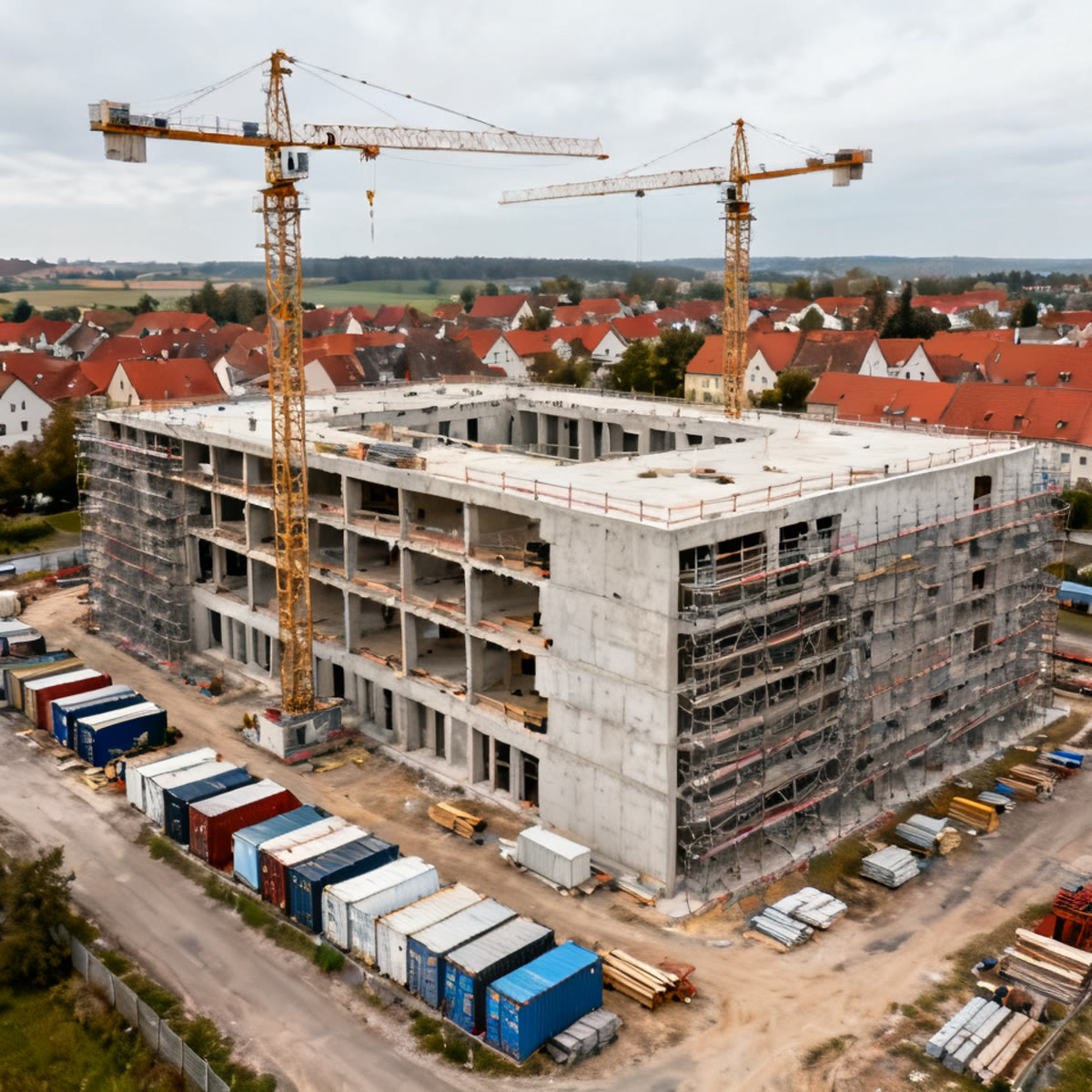Beispiel-Visualisierung: Luftaufnahme einer Baustelle mit Kränen