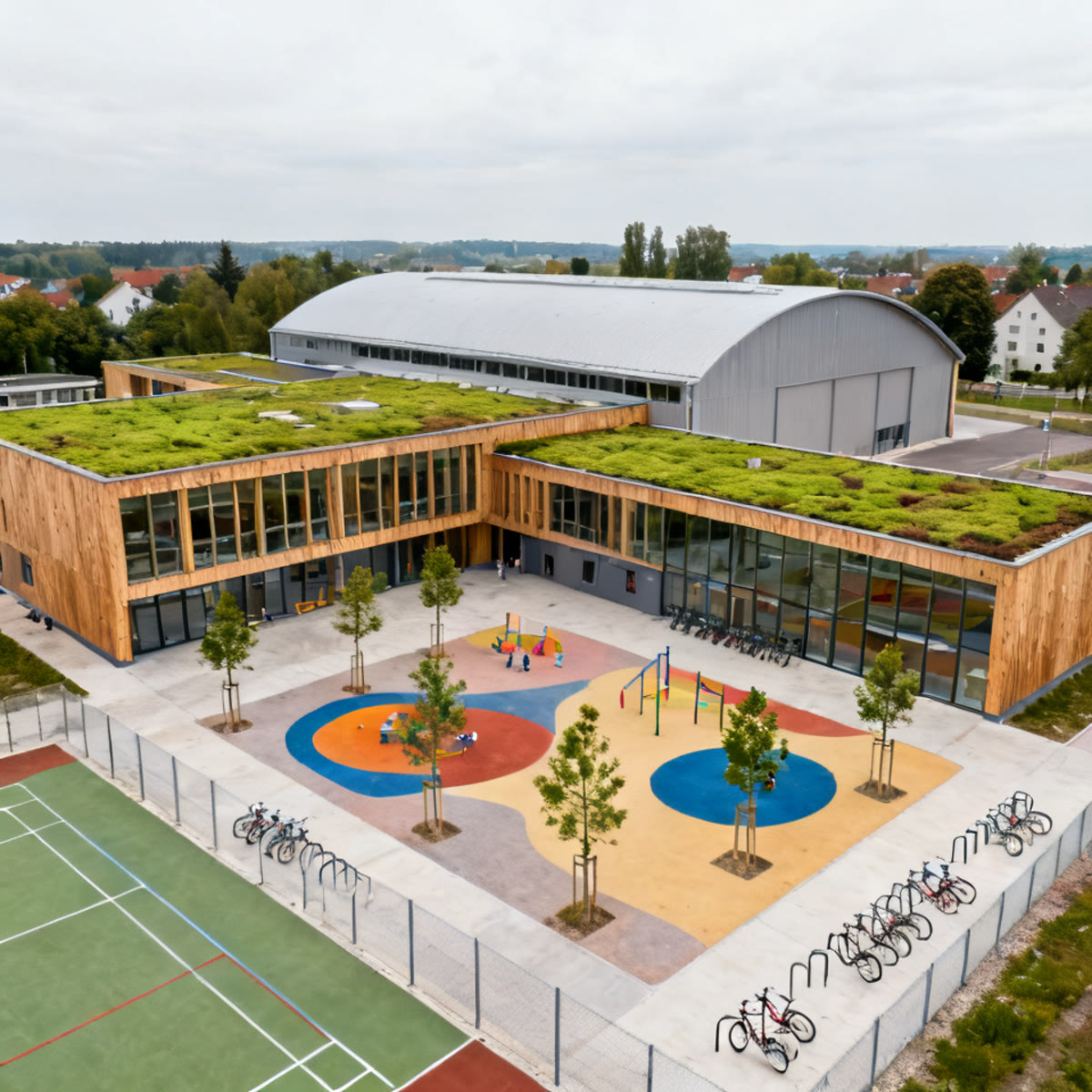 Beispiel-Visualisierung: Luftaufnahme eines Schulcampus mit Sporthalle